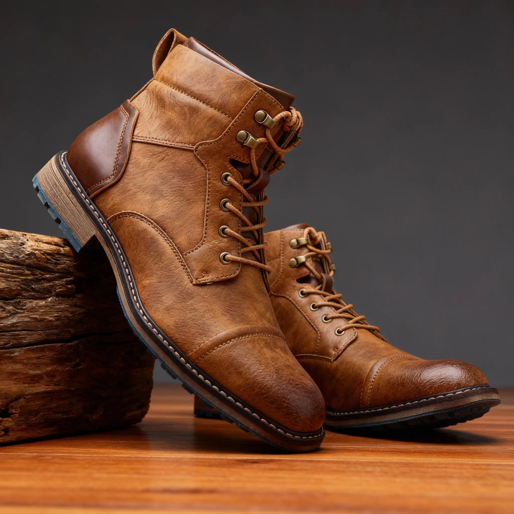 Close-up of saddle brown leather boot heel and sole tread against a wooden floor background