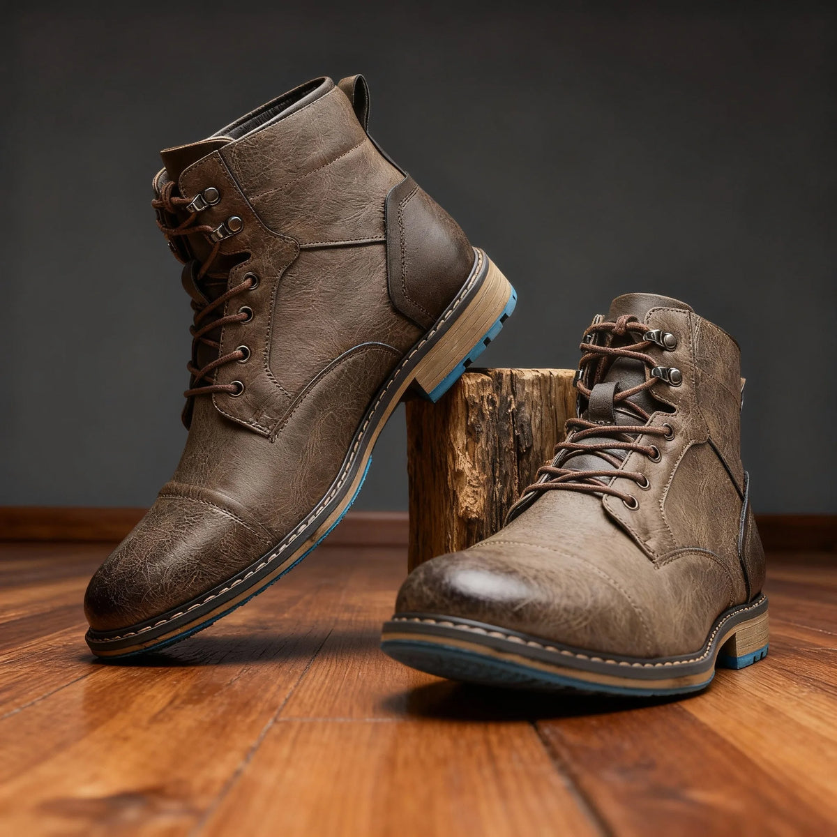 Full side profile of stone taupe combat boot resting against a white block, showing full silhouette