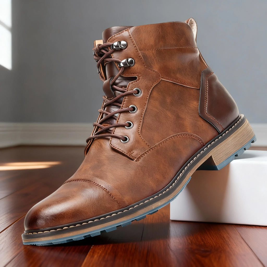 Angled view of chestnut brown leather lace-up boot showing metal eyelets and stitched sole detailing