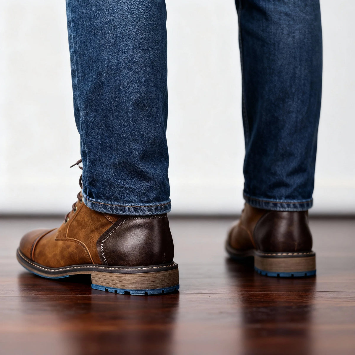 Rear view of a man wearing two pairs of brown leather combat boots with jeans, showing tread and heel
