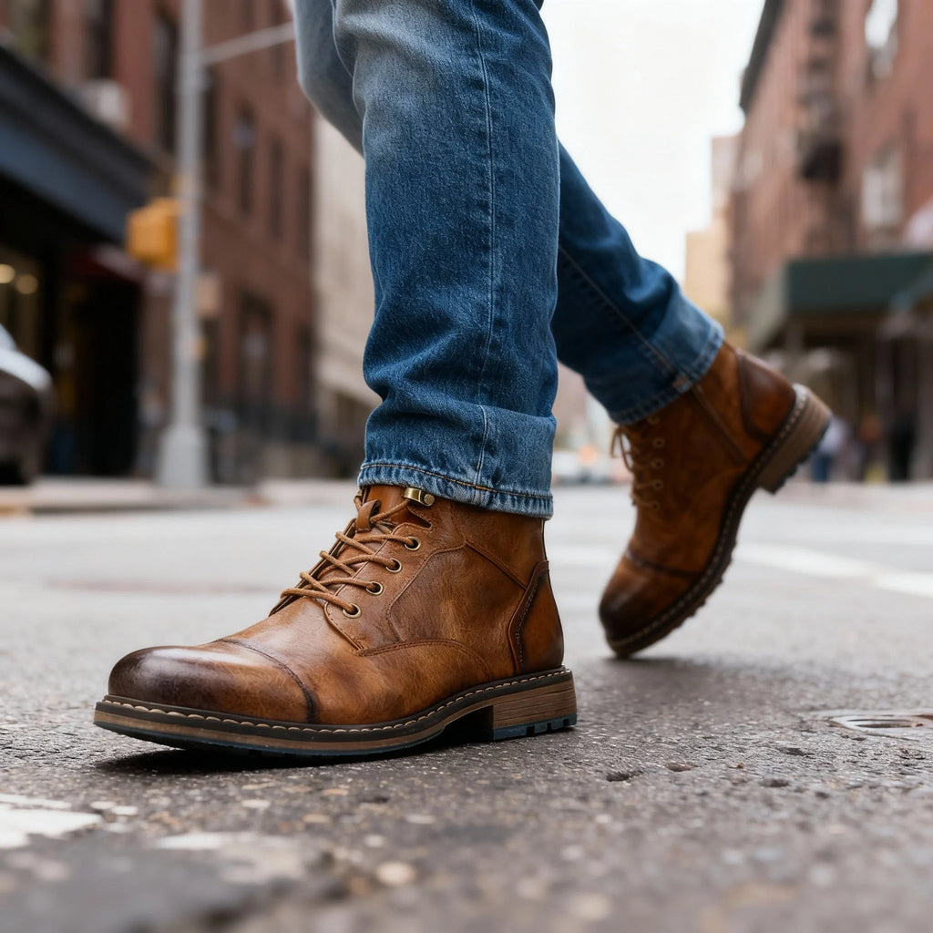 Close-up of a man walking on a city street wearing saddle brown leather lace-up combat boots with jeans