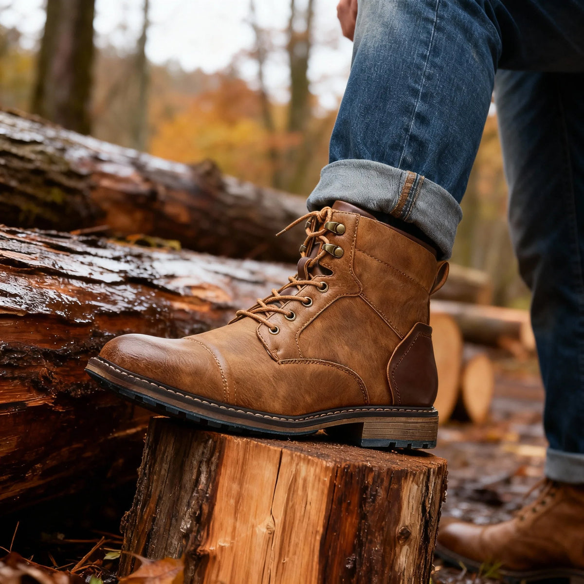 Man standing on a tree stump outdoors wearing tan leather combat boots with cuffed jeans
