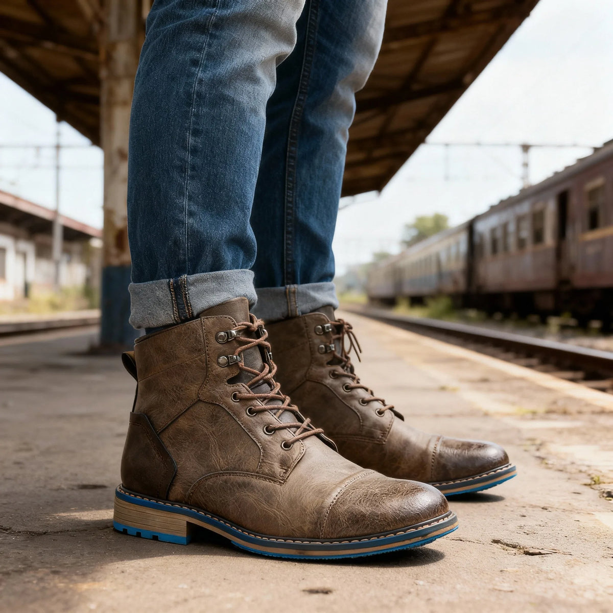 Man standing on a train platform wearing stone taupe leather combat boots with blue-accented soles