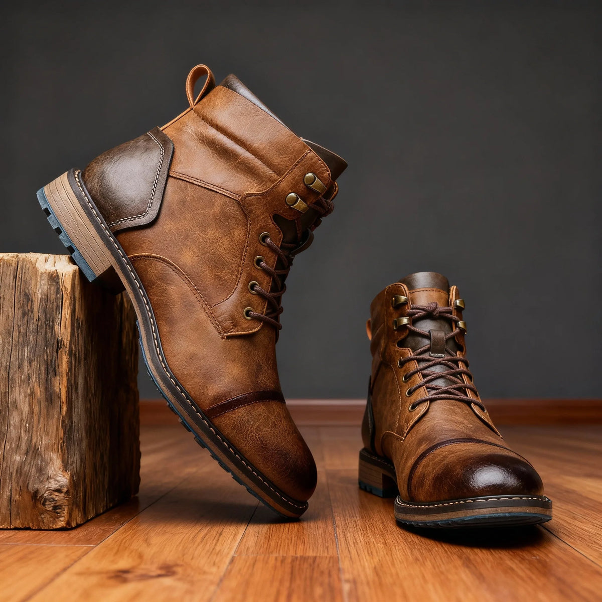 Close-up side view of oak tan leather boot highlighting bronze lace hooks and cap-toe seam