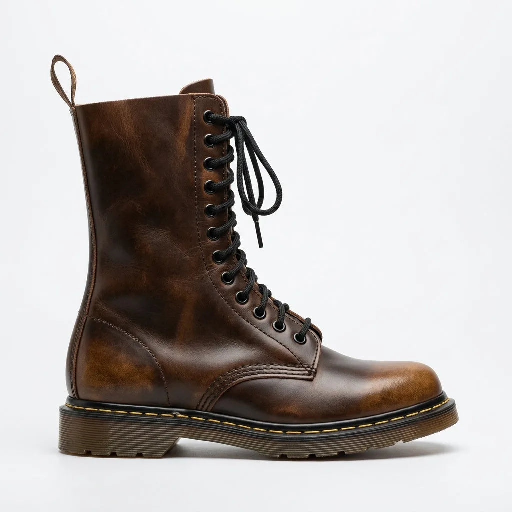 Side view of tall brown lace-up leather combat boot with ten eyelets and ridged sole, studio shot