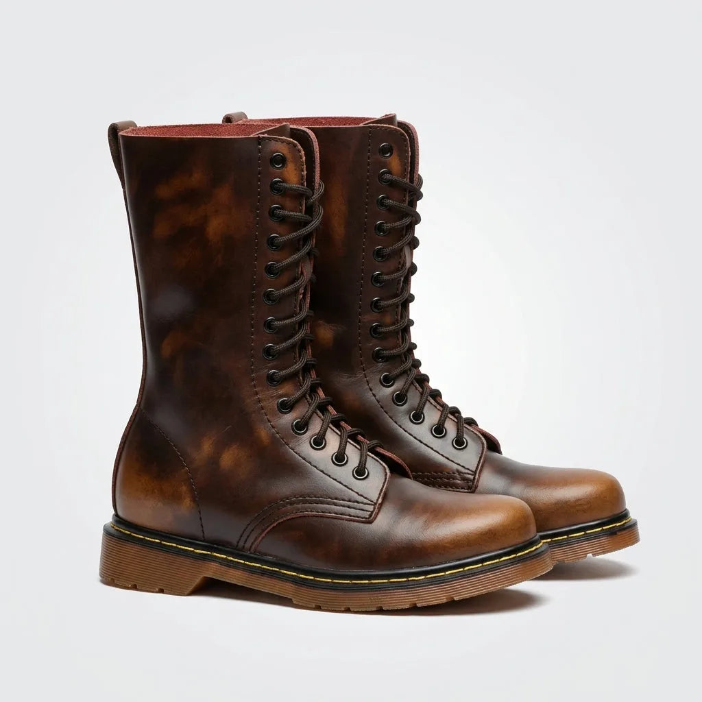 Tall Leather Combat Boots with Lace-Up Front