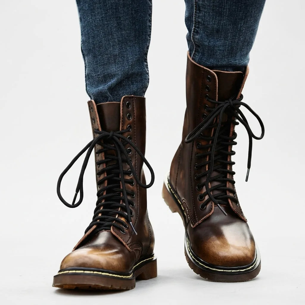 Close-up of brown leather combat boots worn with jeans, laces tied in a bow at the front