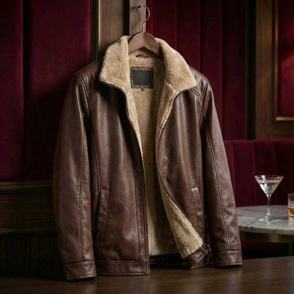 Brown leather jacket with shearling collar hanging open on a wooden hanger, showing plush cream fleece lining