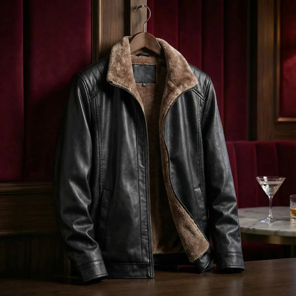 Black leather jacket with shearling collar hanging open, revealing soft tan fleece lining and front zip