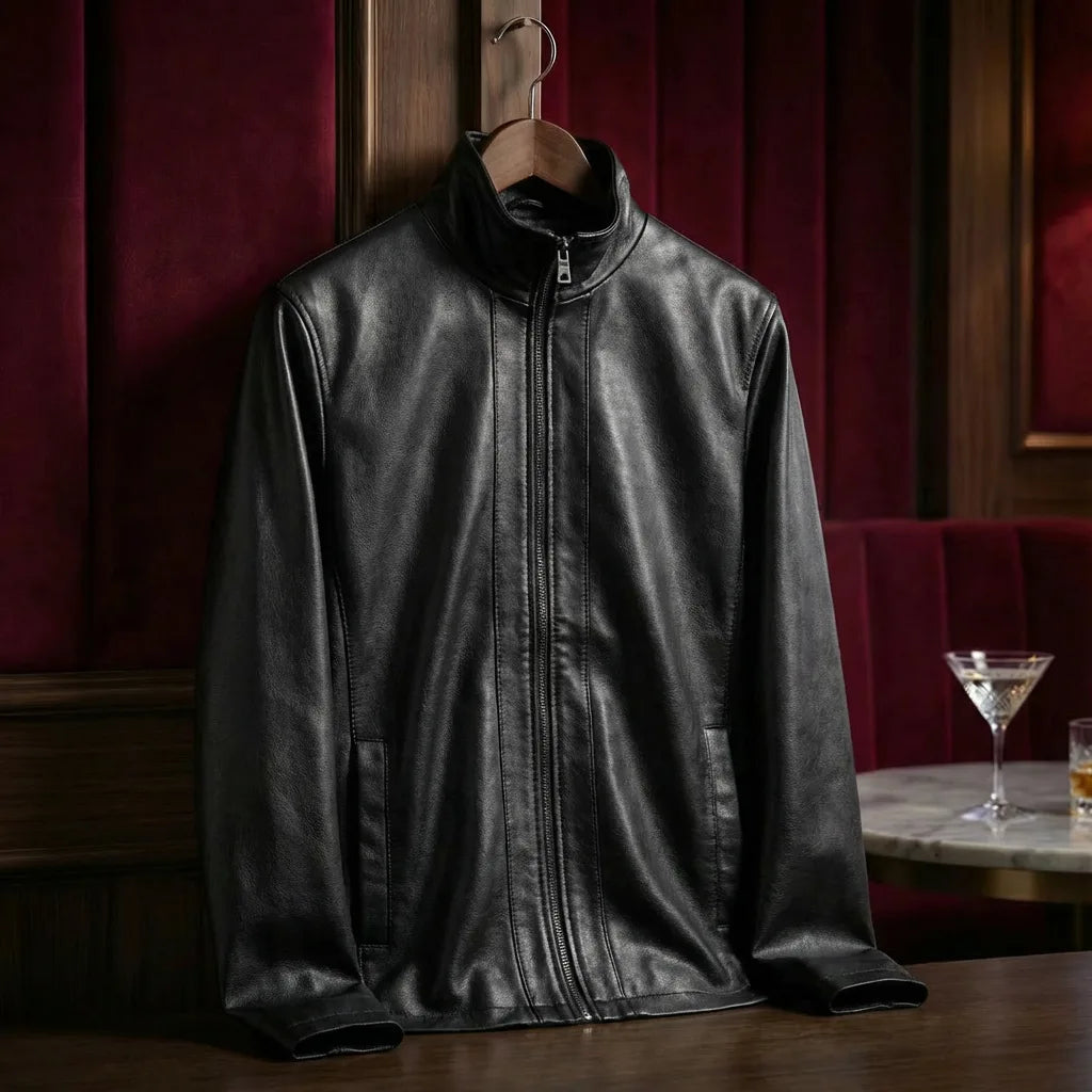 Black leather jacket with a sleek stand collar, zipped closed, hanging against a dark wood panelled wall