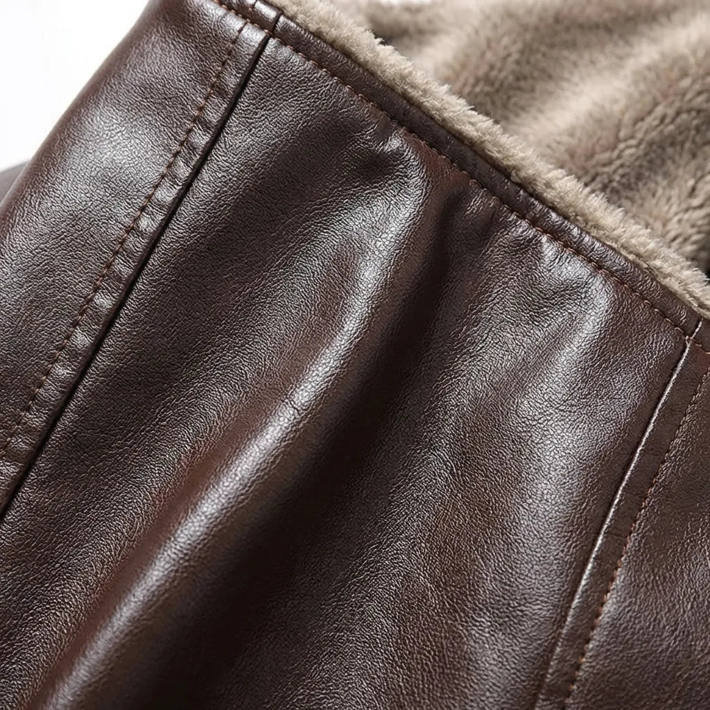 Close-up of brown leather collar edge against soft fleece lining, highlighting the shearling trim and seam