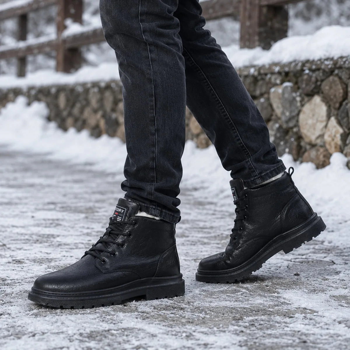 Close-up angle of black leather boot highlighting lace detail and chunky textured outsole