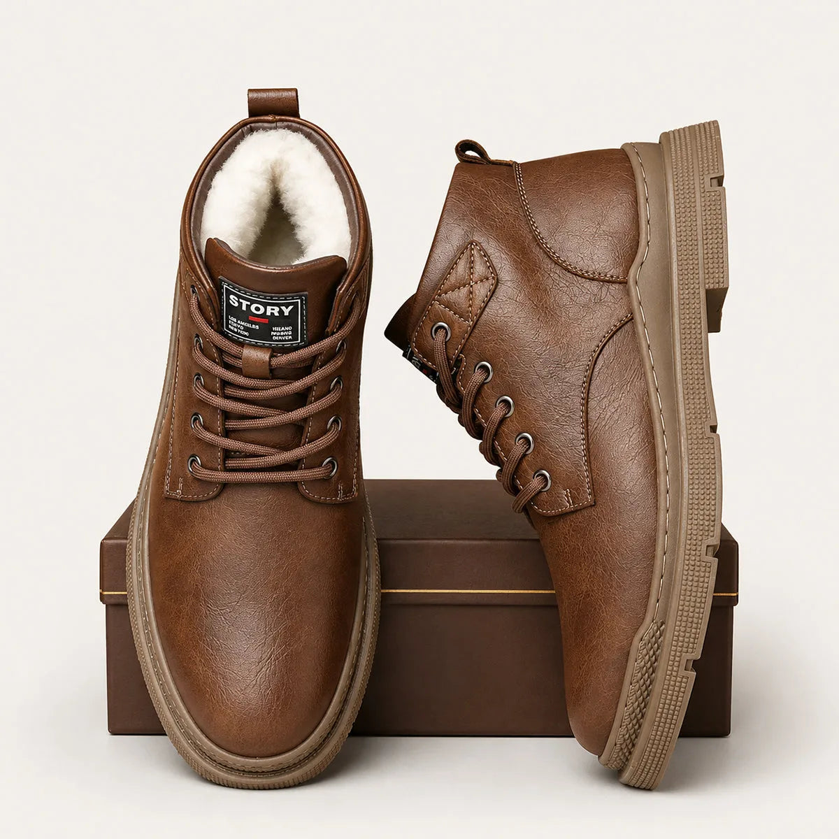 Pair of brown leather boots shown upright and on their side, revealing cosy cream faux-fur lining