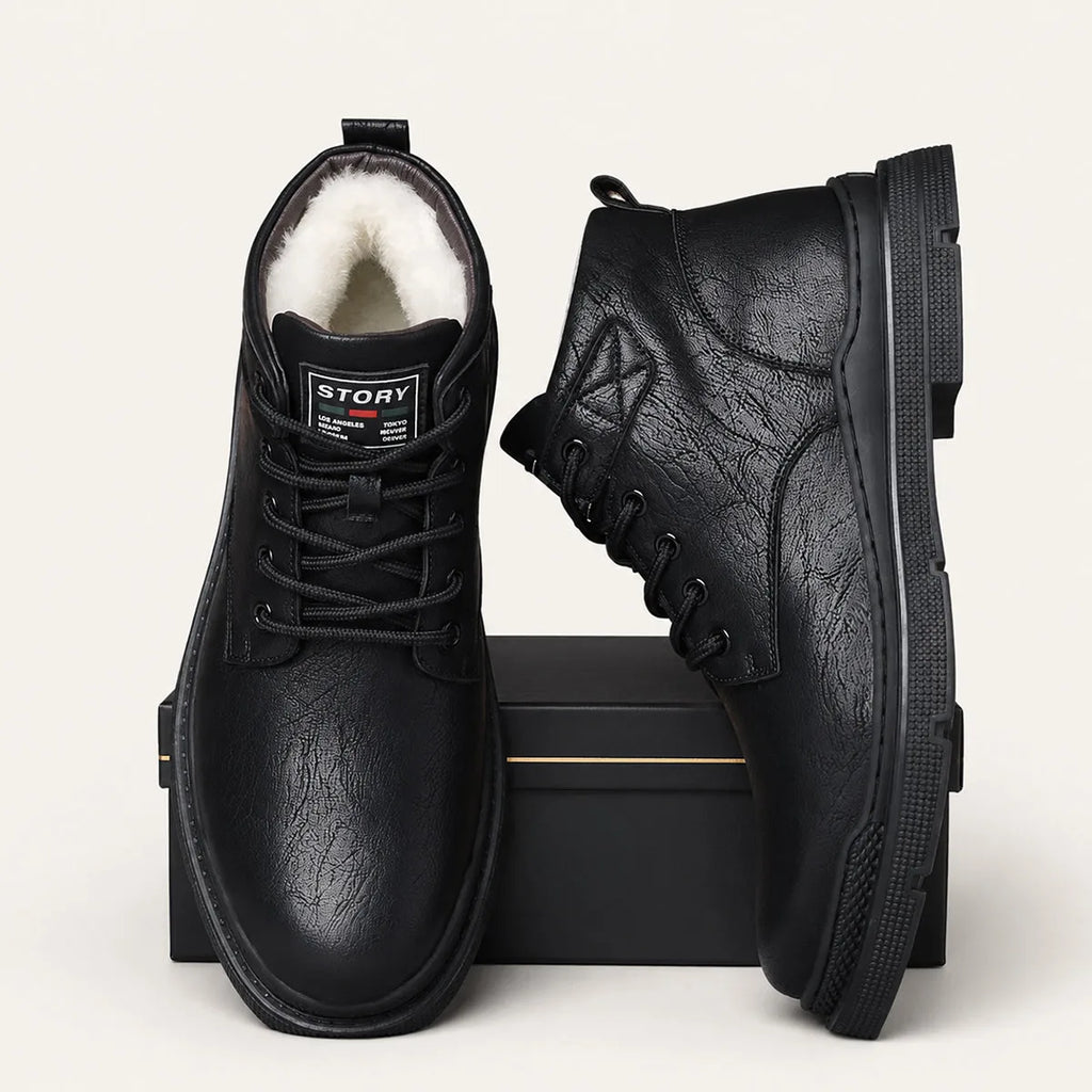 Front view of black leather lace-up ankle boots with branded tongue tab and ridged sole