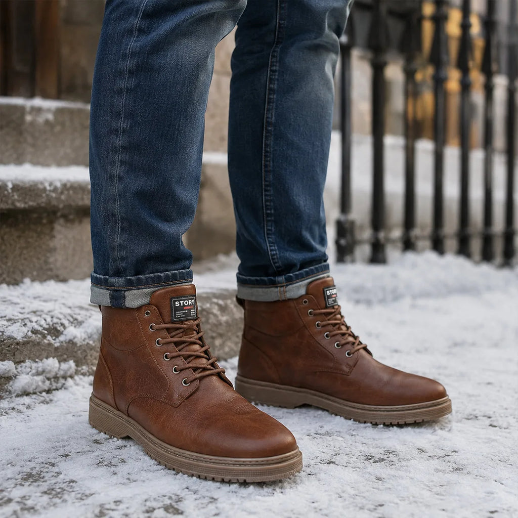 Pair of black leather boots shown upright and on their side, revealing cream faux-fur lining