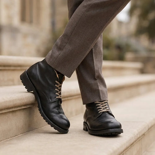 Close-up side view of black leather lace-up boots with lug soles, worn with tailored grey trousers on stone steps