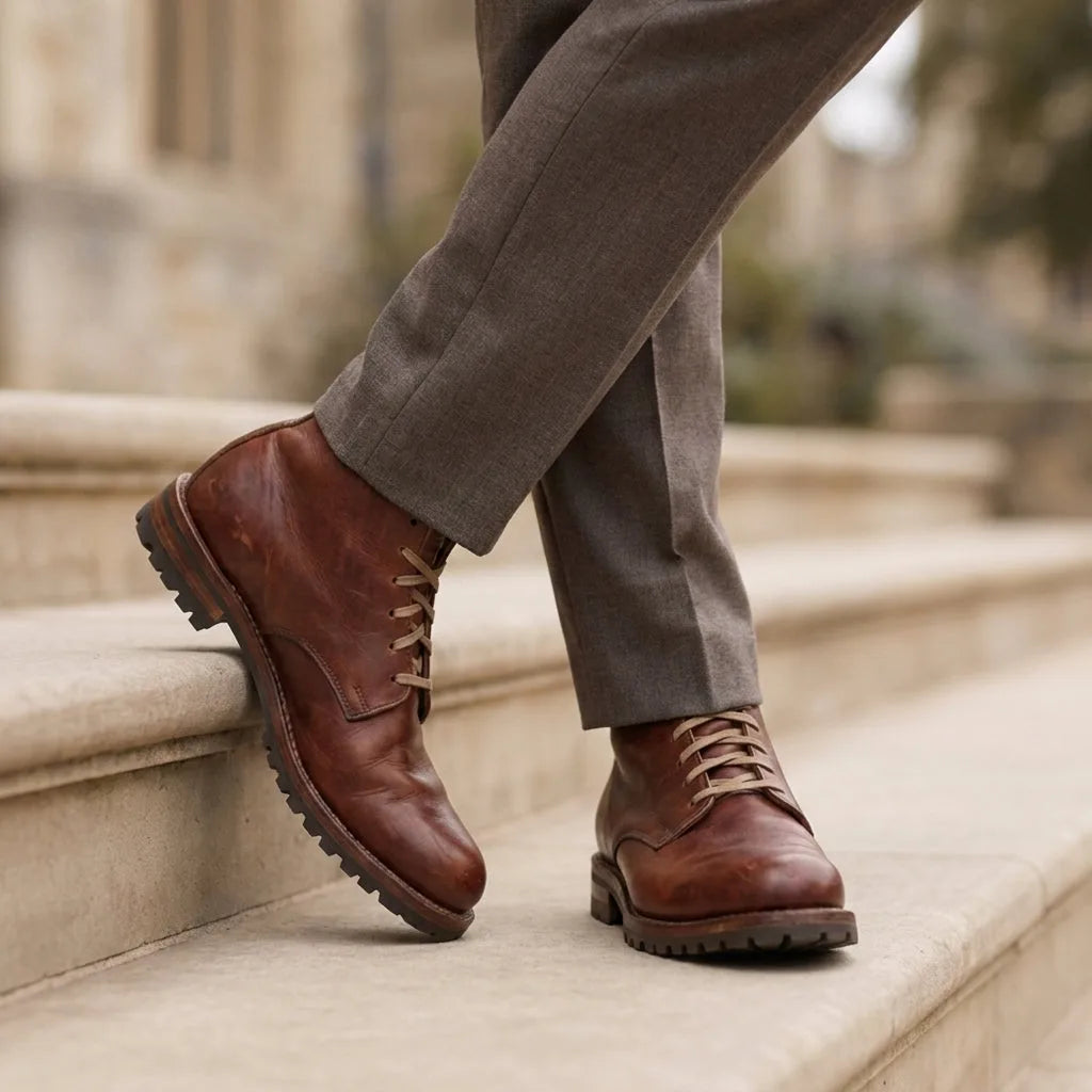 Close-up side view of chestnut brown leather lace-up boots with lug soles, worn with tailored grey trousers on stone steps