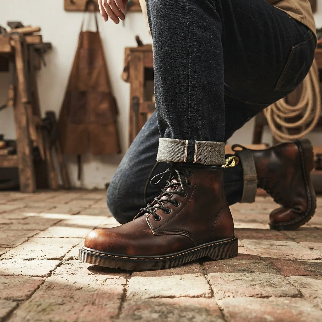 Man wearing brown leather combat boots with turned-up jeans, standing on a stone floor in a workshop