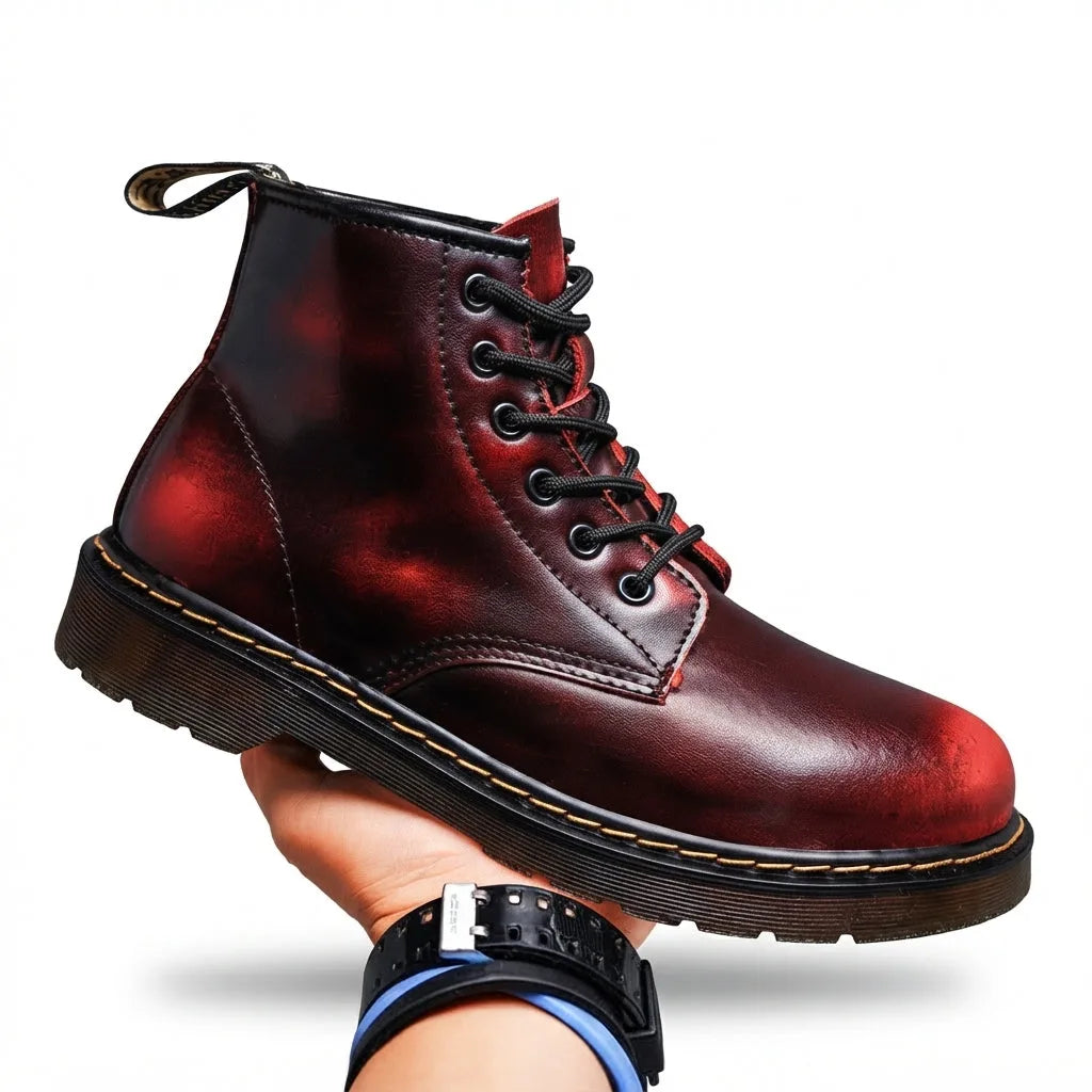 Red and black ombré leather combat boot held in hand, showing lace-up front and ribbed rubber sole