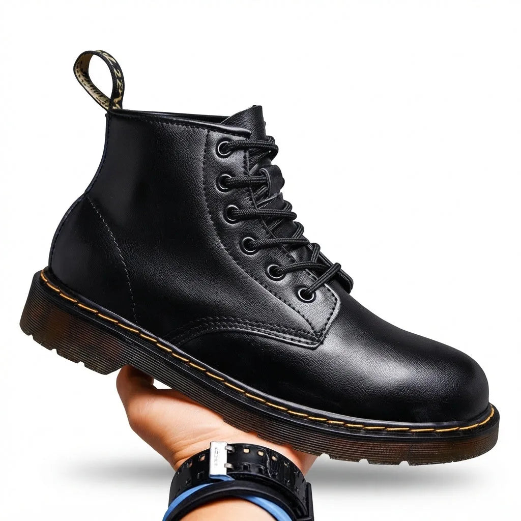 Black leather combat boot held in hand, showing smooth finish, black laces and contrast stitched sole
