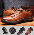 Close-up side view of brown leather shoe showing textured grain and rope-style laces
