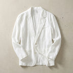 White textured linen blazer laid flat, showing notch lapel, chest welt pocket and patch pockets