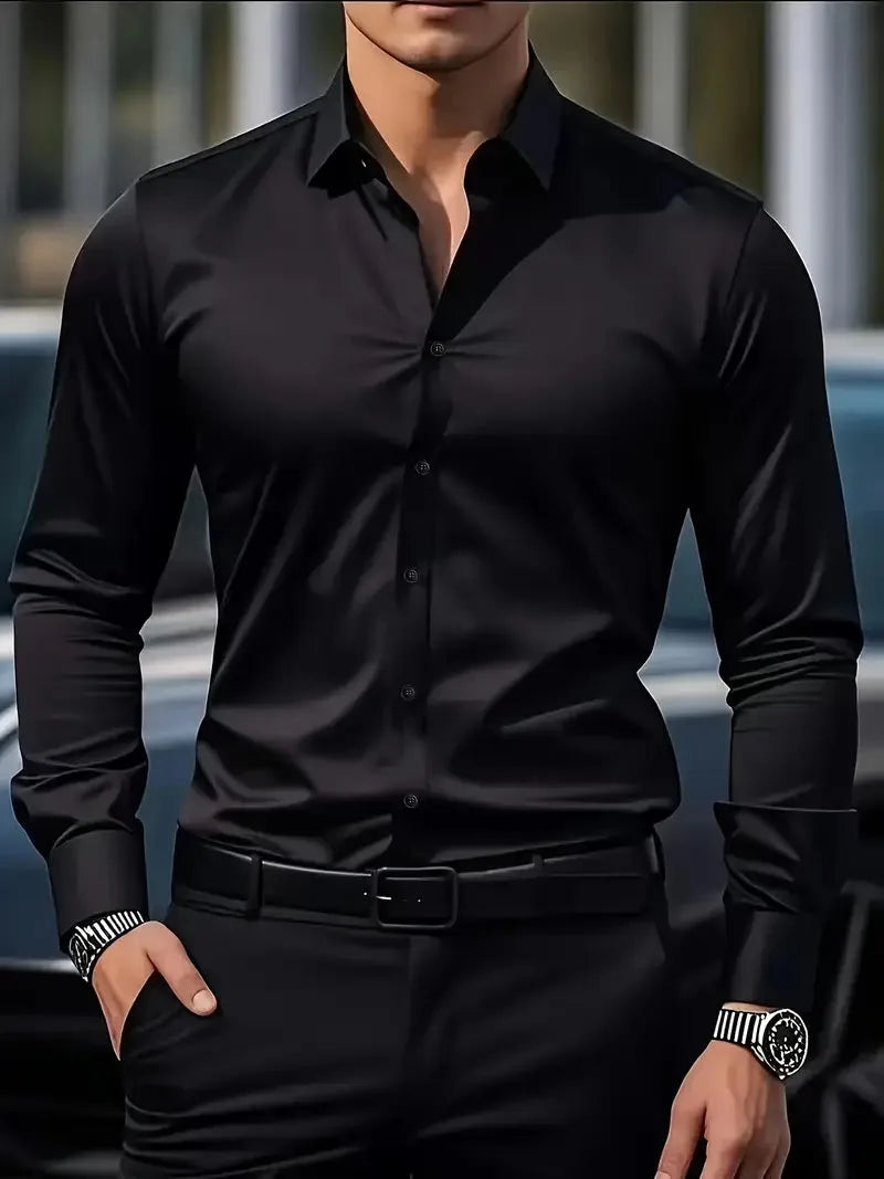 Navy blue dress shirt detail showing the structured collar and fitted shoulder seam