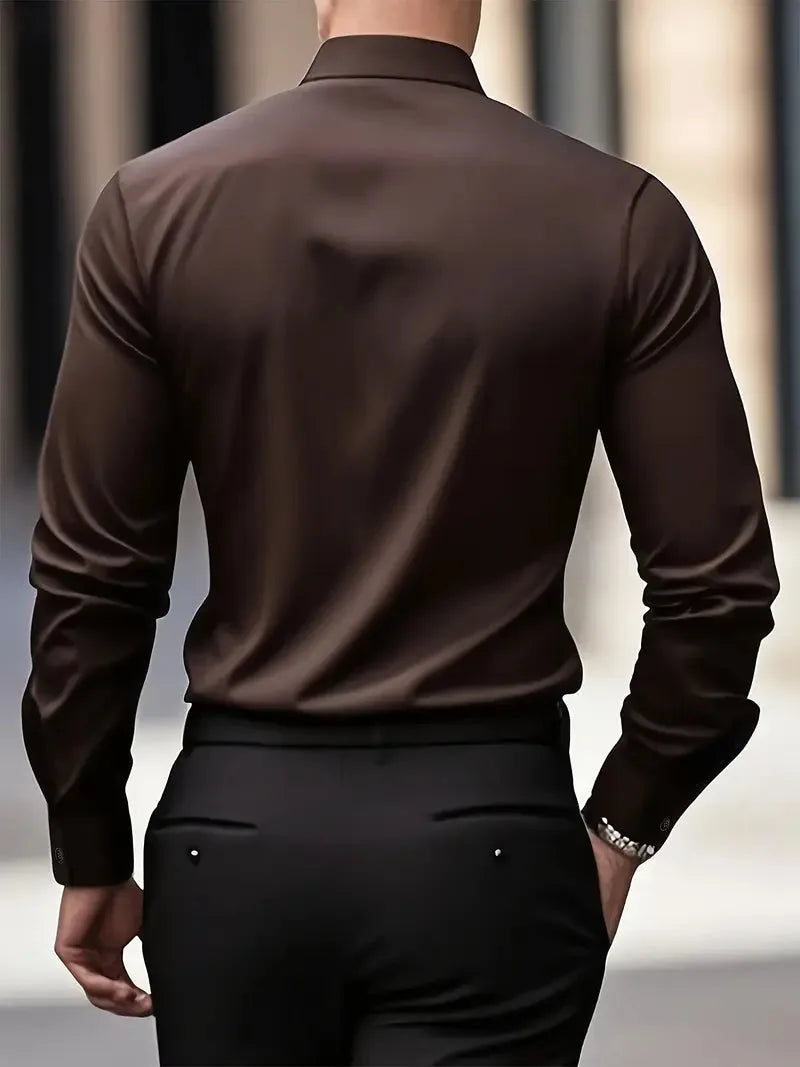 Grey dress shirt shown from a side angle highlighting the tailored fit through the torso