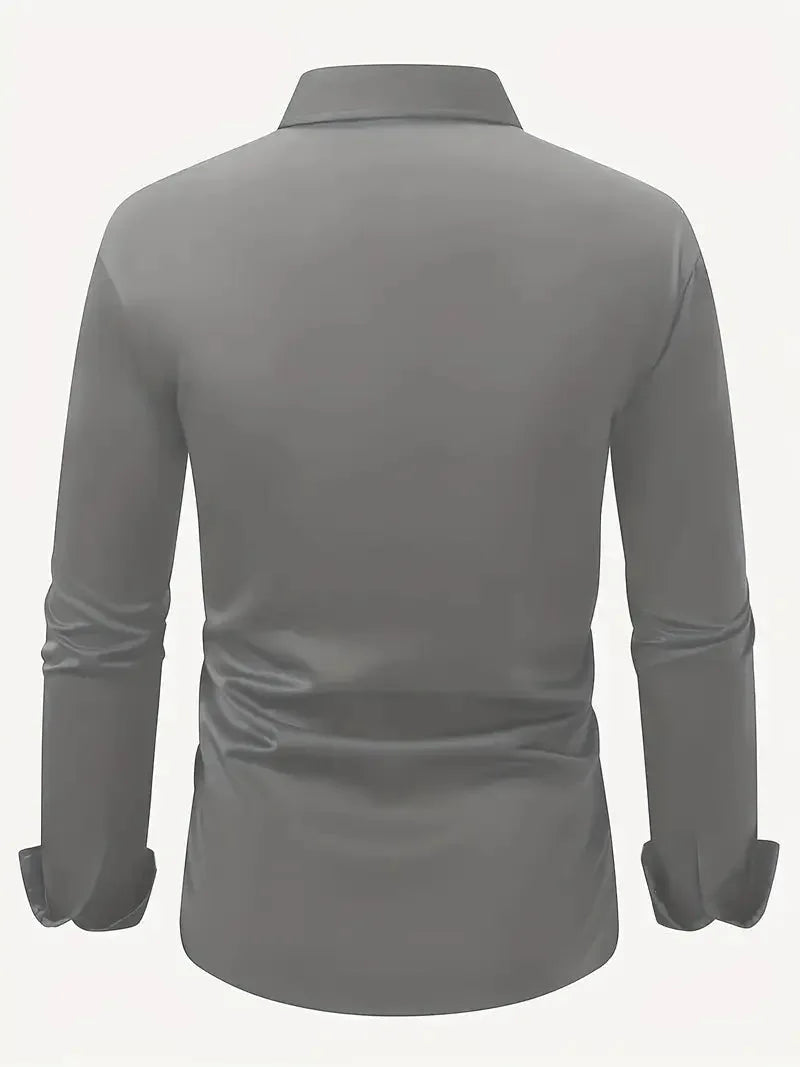 White button-down shirt styled with a black belt and dark trousers for a smart office look