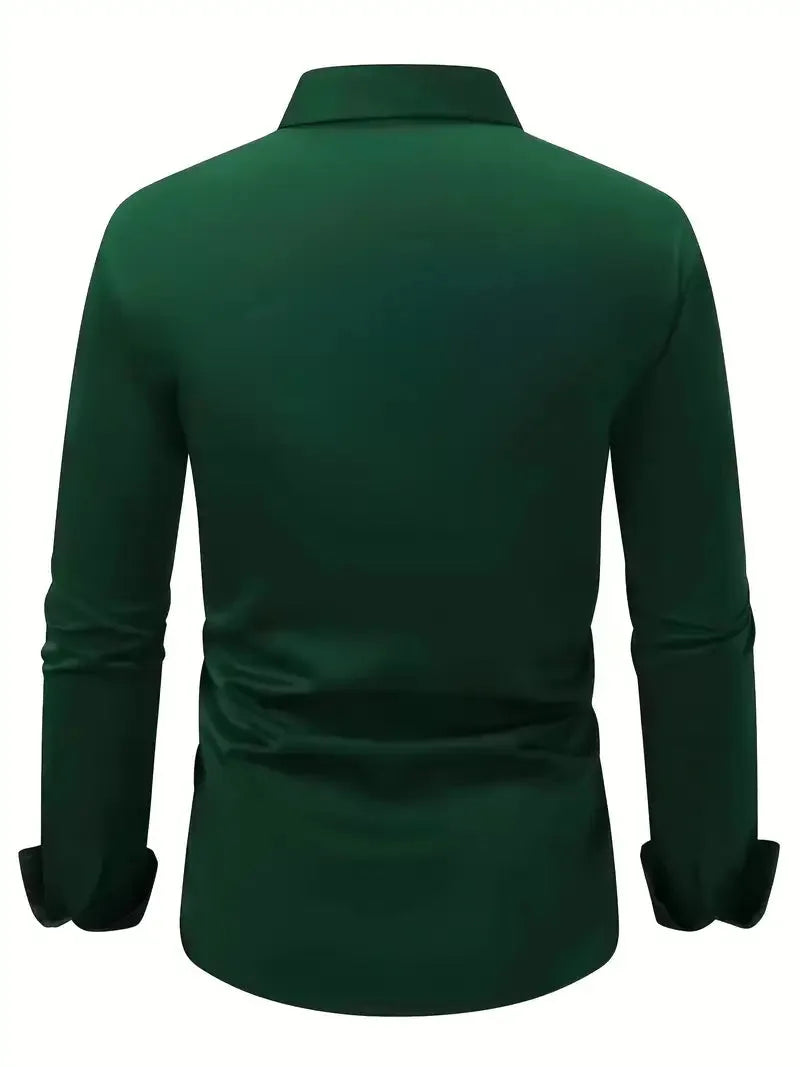 Dark red shirt styled with black trousers and a leather belt, full torso view outdoors