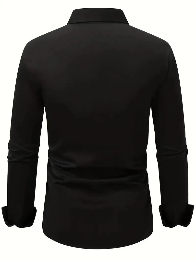 Dark brown shirt paired with black trousers, shown walking near a vehicle for a lifestyle shot