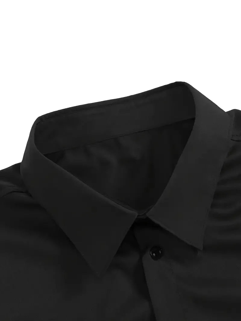 Grey long-sleeve dress shirt shown with hand in trouser pocket on an outdoor pathway