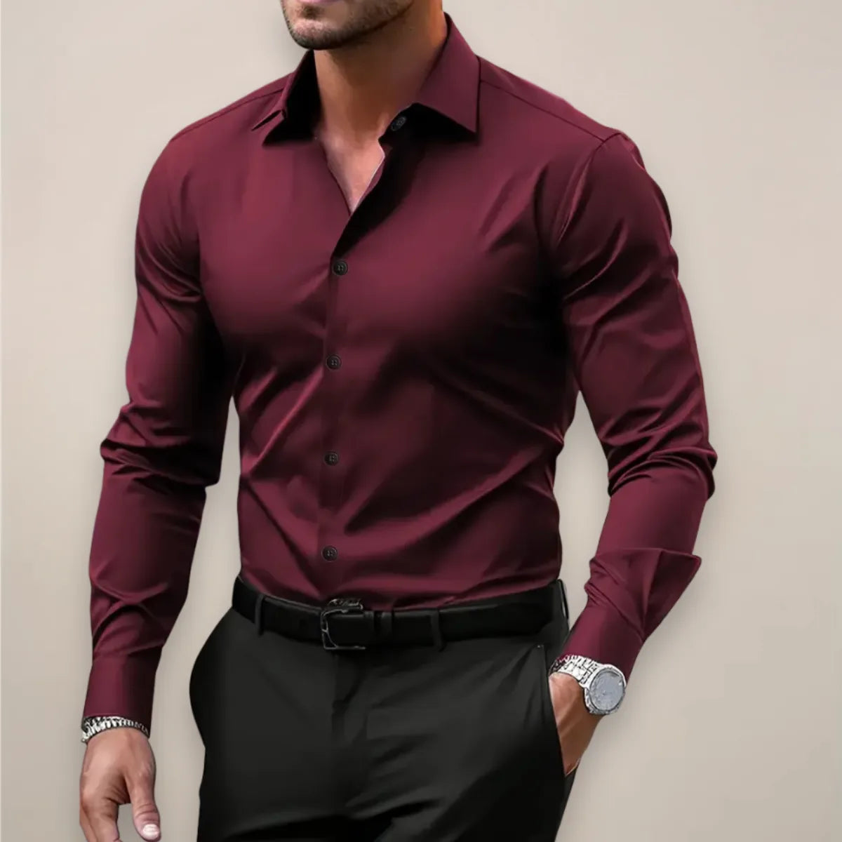 Close-up of a dark red (burgundy) button-front shirt with black collar trim and long tailored sleeves.