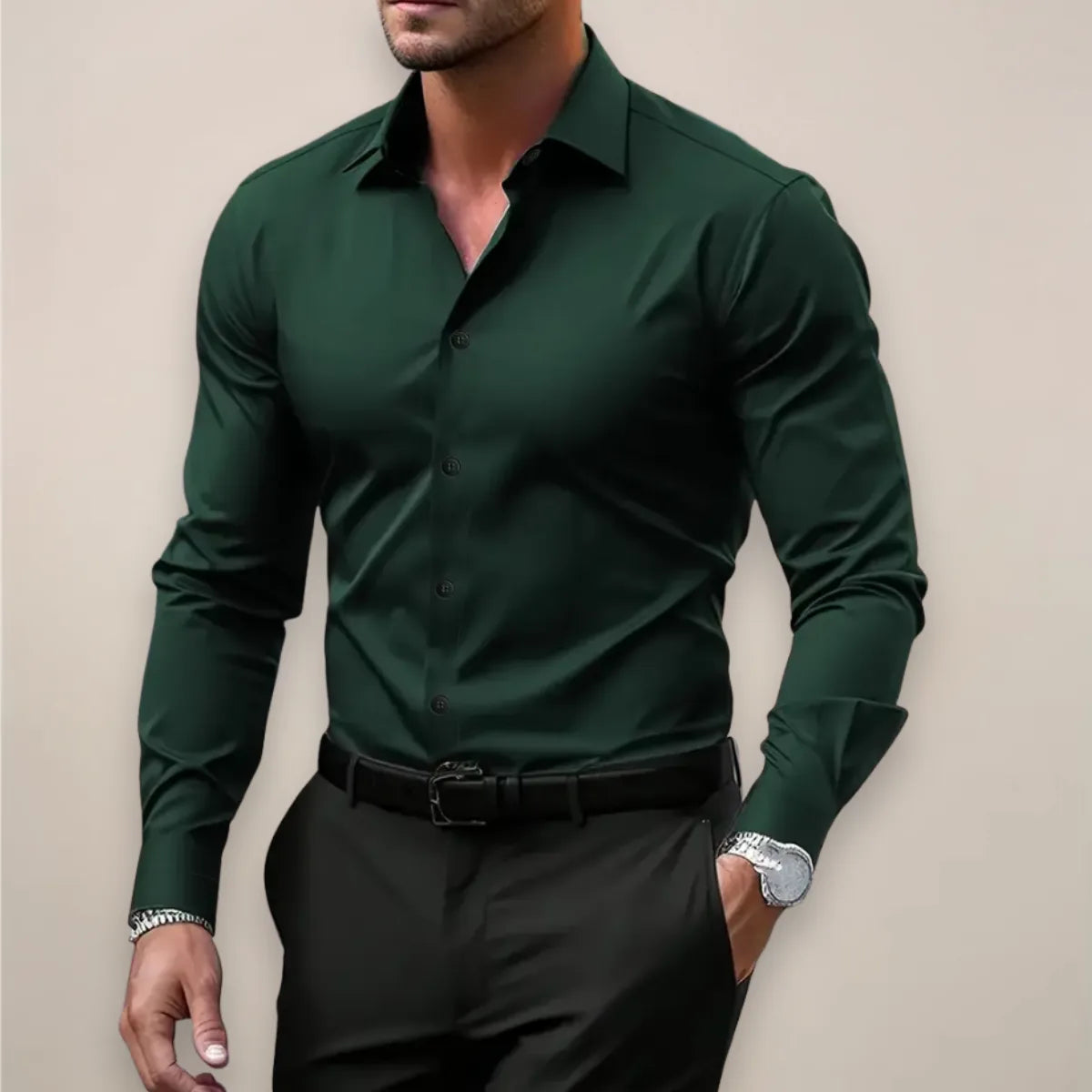 Dark green button-up shirt with a black undercollar, shown with a leather belt and black trousers.