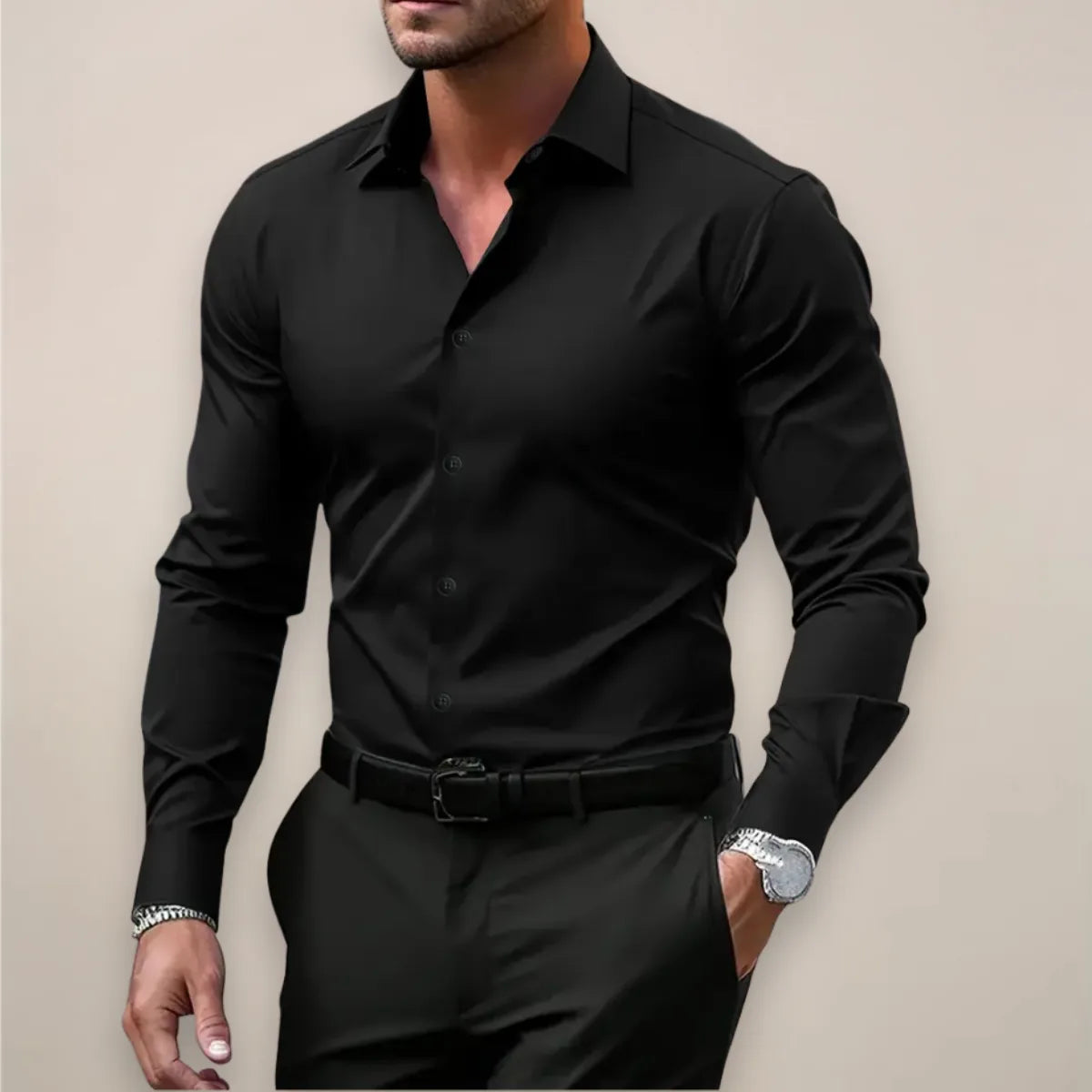 Black long sleeve dress shirt with a full button placket, worn with a black belt and trousers.