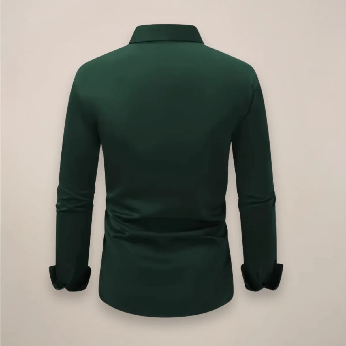 Rear view of the dark green shirt showing the back yoke, long sleeves and clean single-tone fabric.