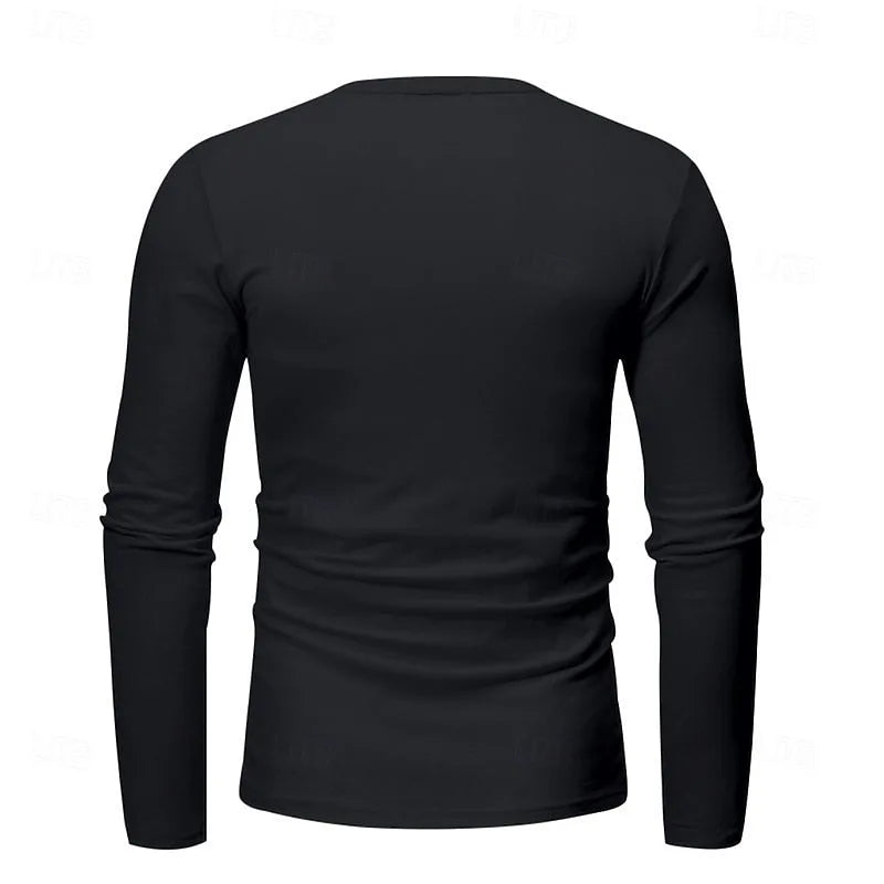 Close-up of the navy blue henley worn by a model, showing the button placket against the chest