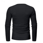Close-up of the navy blue henley worn by a model, showing the button placket against the chest
