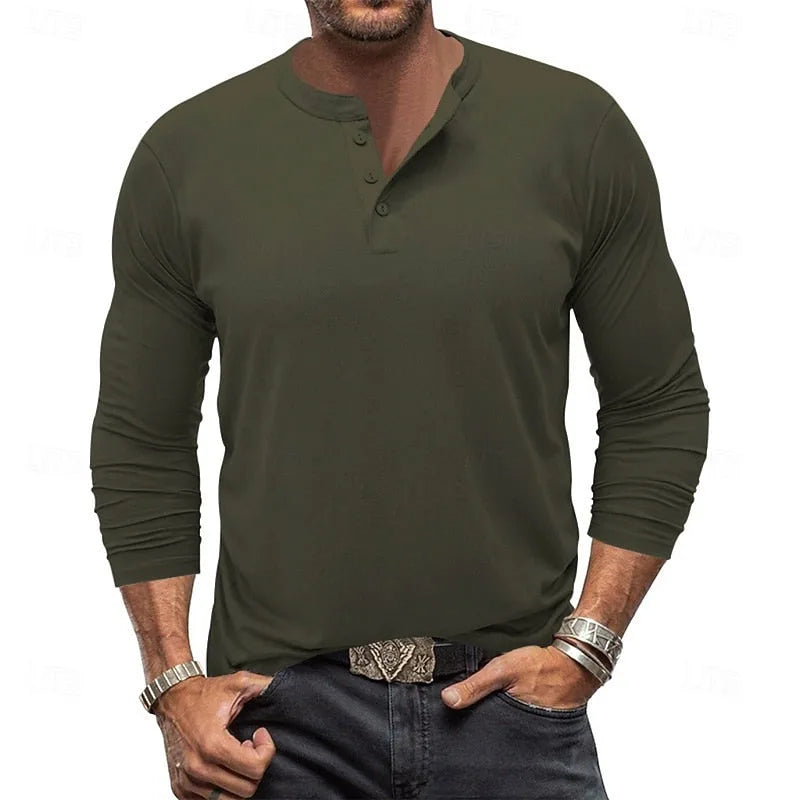 Close-up detail of the button placket and stand collar on the white henley shirt