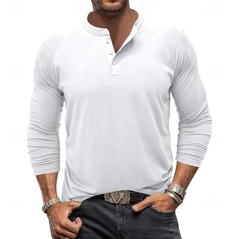 Close-up front view of the white henley showing the buttoned placket and stand-up collar detail