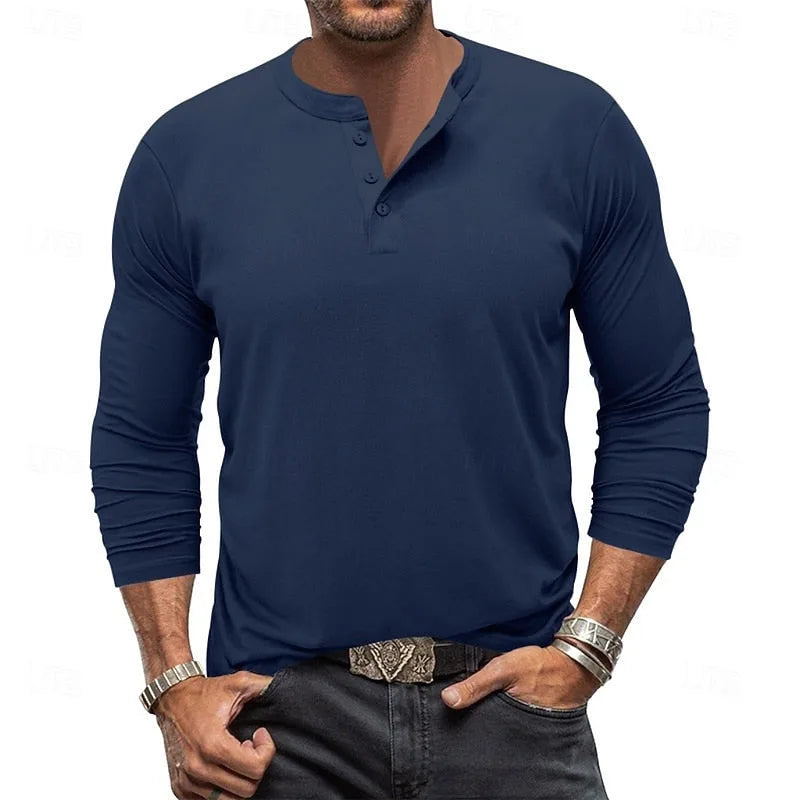 Close-up of the ribbed cuff detail on the sleeve of the light grey henley shirt