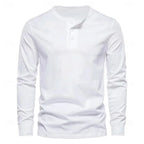 Flat lay front view of the white long-sleeve henley shirt on its own against a plain background