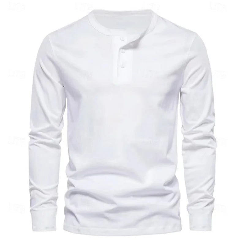 Flat lay front view of the white long-sleeve henley shirt on its own against a plain background