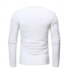 Flat lay back view of the white long-sleeve henley shirt showing the plain seamed back