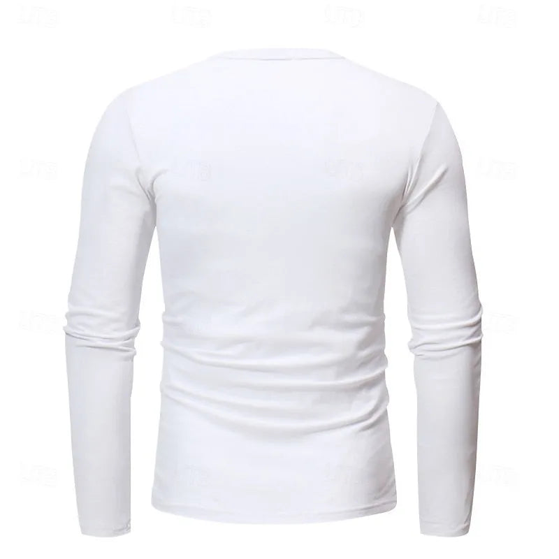 Flat lay back view of the white long-sleeve henley shirt showing the plain seamed back