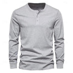 Flat lay front view of the light grey henley shirt showing the ribbed cuffs and collar