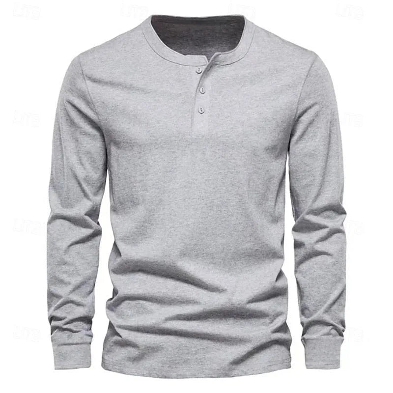 Flat lay front view of the light grey henley shirt showing the ribbed cuffs and collar