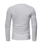 Flat lay back view of the light grey henley shirt showing the smooth back panel