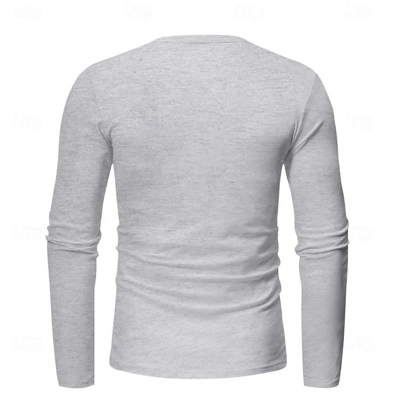 Flat lay back view of the light grey henley shirt showing the smooth back panel