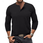 Front view of a man wearing a black long-sleeve henley with buttoned collar, paired with dark jeans